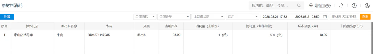 原材料消耗记录